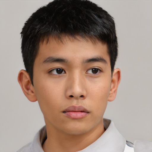 Neutral asian young-adult male with short  brown hair and brown eyes