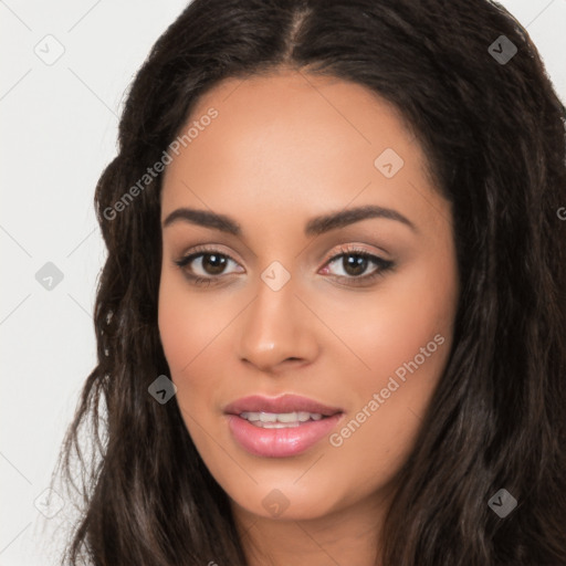 Joyful latino young-adult female with long  black hair and brown eyes