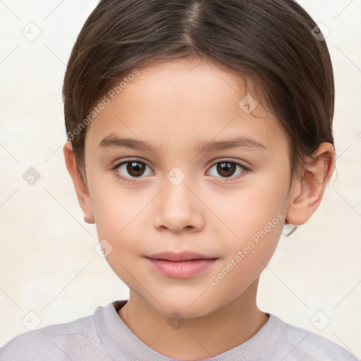 Joyful white child female with short  brown hair and brown eyes