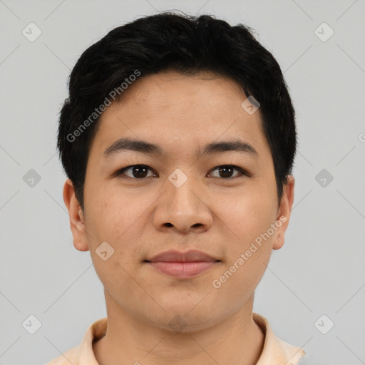 Joyful asian young-adult male with short  black hair and brown eyes