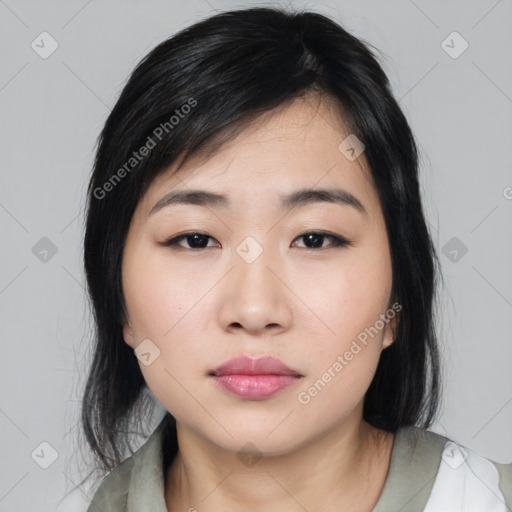 Neutral asian young-adult female with medium  black hair and brown eyes