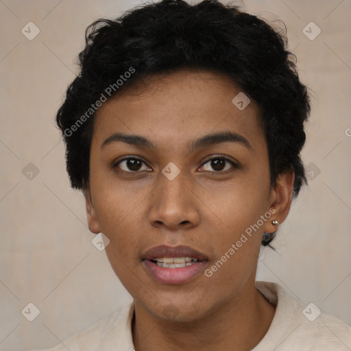 Joyful black young-adult female with short  brown hair and brown eyes