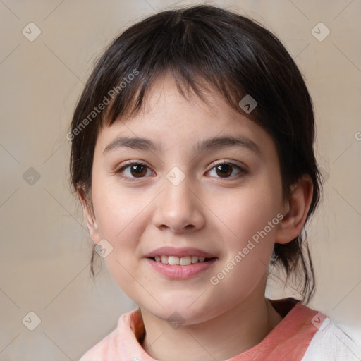 Joyful white child female with medium  brown hair and brown eyes