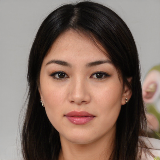 Neutral asian young-adult female with long  brown hair and brown eyes
