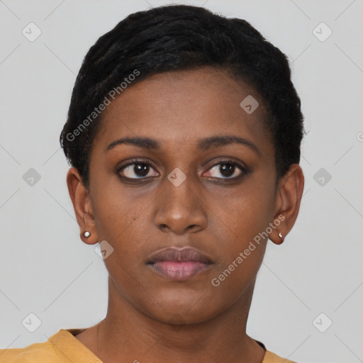 Neutral black young-adult female with short  black hair and brown eyes