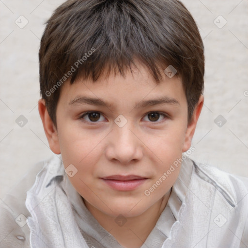 Joyful white child female with short  brown hair and brown eyes