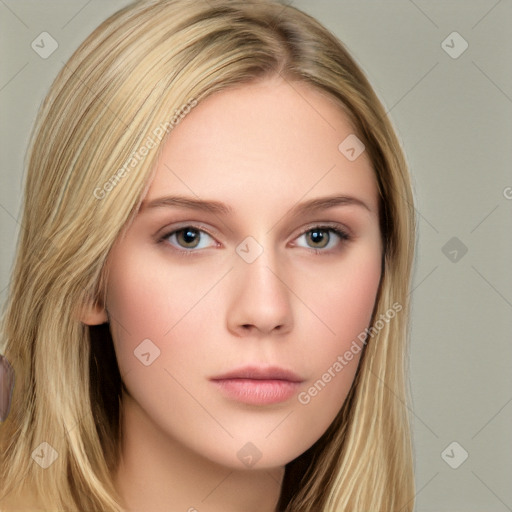 Neutral white young-adult female with long  brown hair and brown eyes