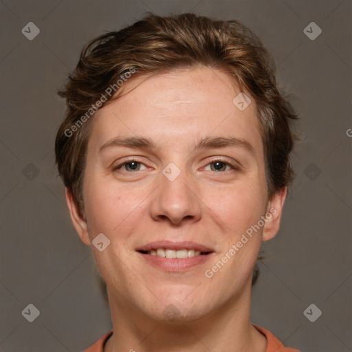 Joyful white adult female with short  brown hair and brown eyes