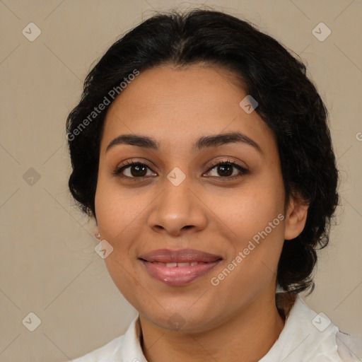 Joyful latino young-adult female with medium  brown hair and brown eyes