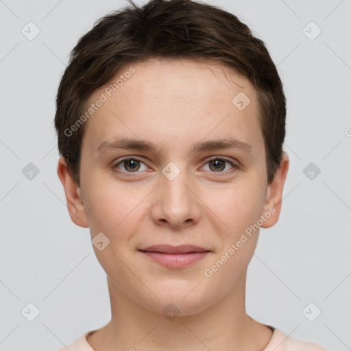 Joyful white young-adult female with short  brown hair and grey eyes