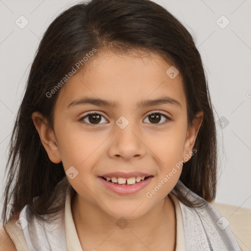 Joyful white child female with medium  brown hair and brown eyes