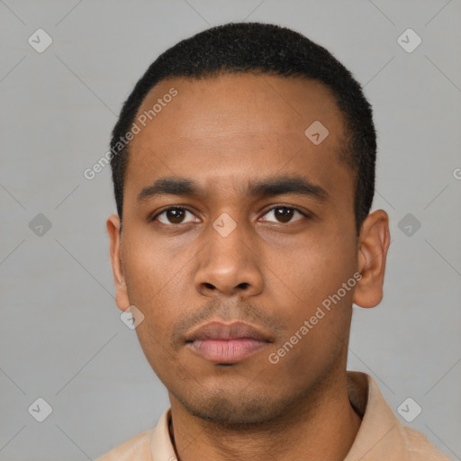 Neutral latino young-adult male with short  black hair and brown eyes