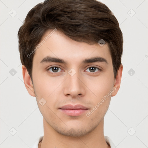 Neutral white young-adult male with short  brown hair and brown eyes