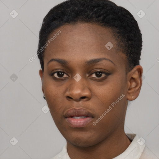 Neutral black young-adult female with short  black hair and brown eyes