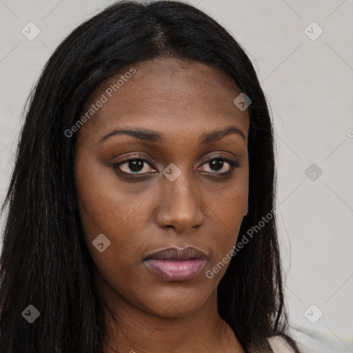 Joyful asian young-adult female with long  brown hair and brown eyes