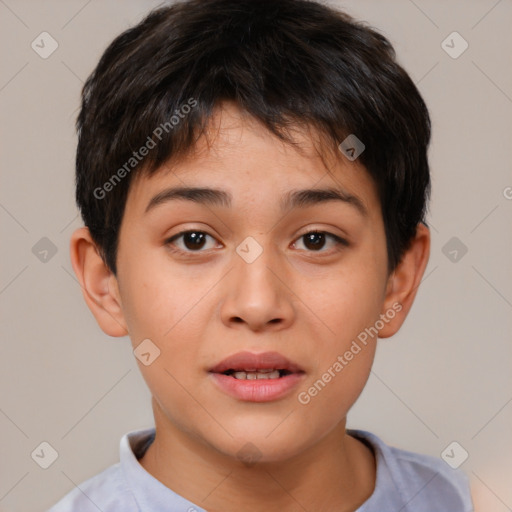 Joyful white child female with short  brown hair and brown eyes