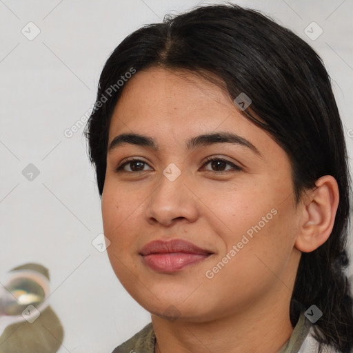 Joyful white young-adult female with medium  brown hair and brown eyes