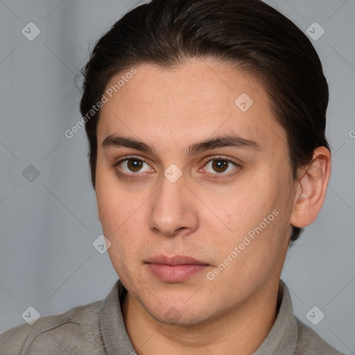 Neutral white young-adult male with short  brown hair and brown eyes