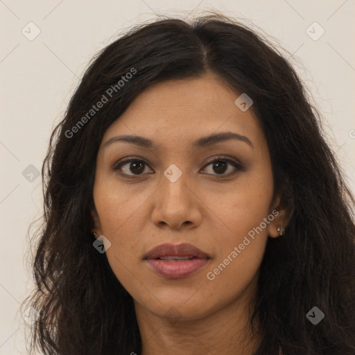 Joyful latino young-adult female with long  brown hair and brown eyes