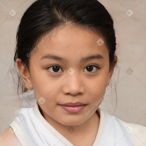 Joyful white child female with medium  brown hair and brown eyes