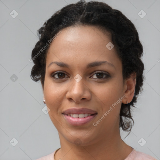 Joyful latino young-adult female with short  brown hair and brown eyes