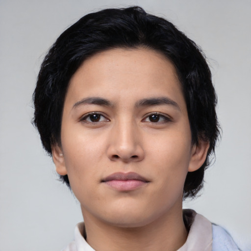 Neutral asian young-adult female with medium  black hair and brown eyes
