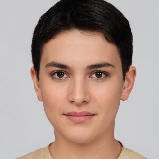 Neutral white young-adult female with short  brown hair and brown eyes