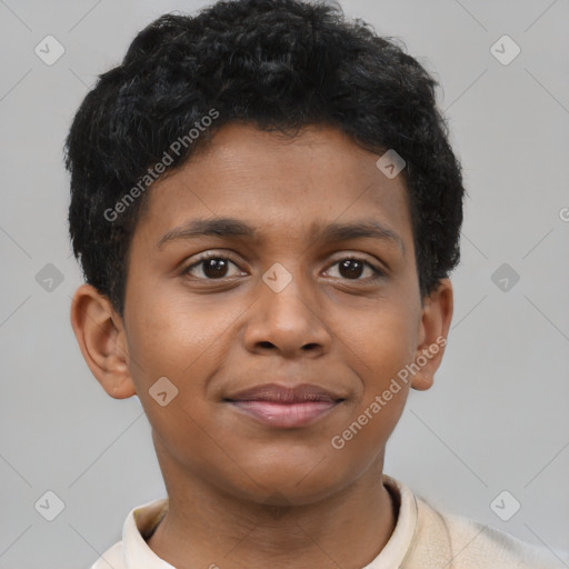 Joyful latino young-adult male with short  brown hair and brown eyes