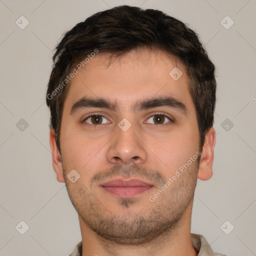 Neutral white young-adult male with short  brown hair and brown eyes