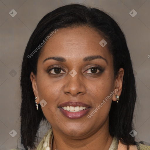 Joyful black young-adult female with medium  brown hair and brown eyes