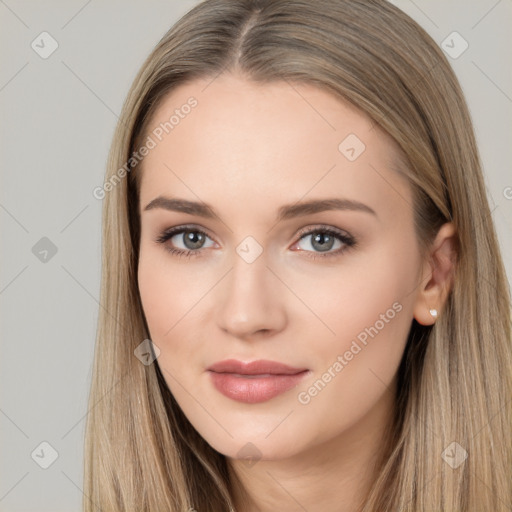 Neutral white young-adult female with long  brown hair and brown eyes