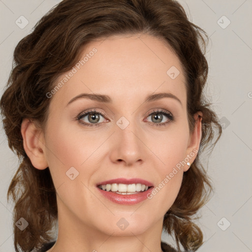 Joyful white young-adult female with medium  brown hair and green eyes