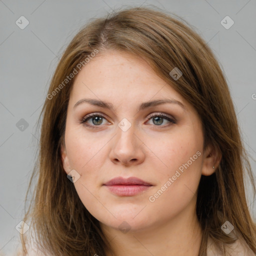 Neutral white young-adult female with long  brown hair and brown eyes