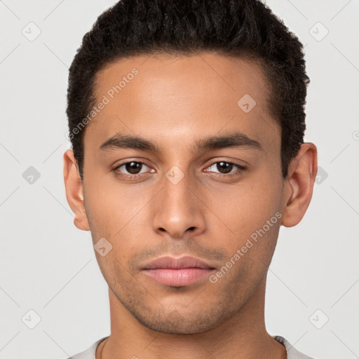 Neutral latino young-adult male with short  brown hair and brown eyes