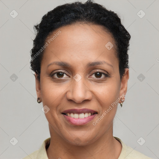 Joyful latino young-adult female with short  brown hair and brown eyes