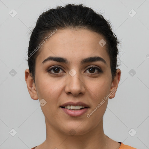 Joyful white young-adult female with short  brown hair and brown eyes