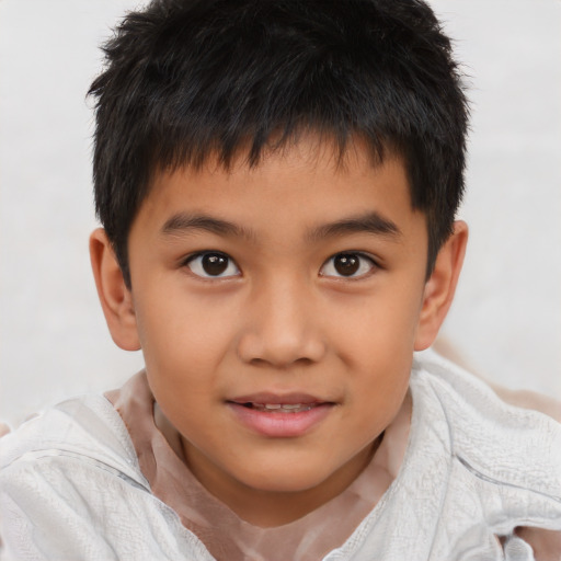 Joyful asian child male with short  brown hair and brown eyes