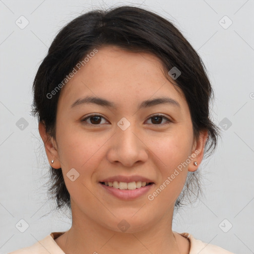 Joyful white young-adult female with medium  brown hair and brown eyes