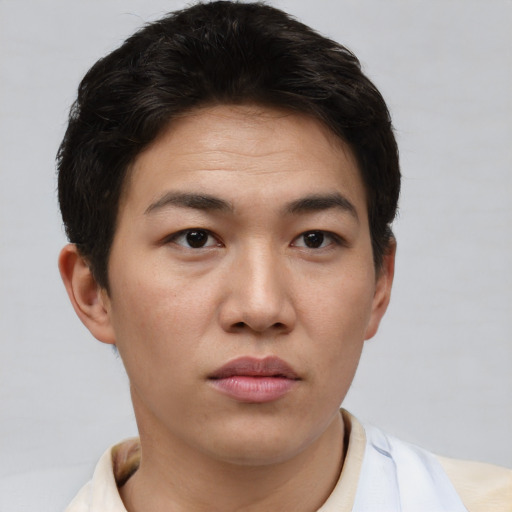 Neutral asian young-adult male with short  brown hair and brown eyes