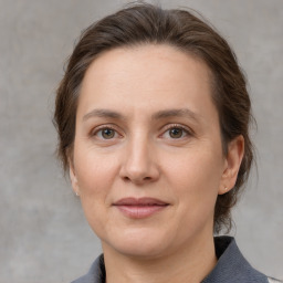 Joyful white adult female with medium  brown hair and grey eyes