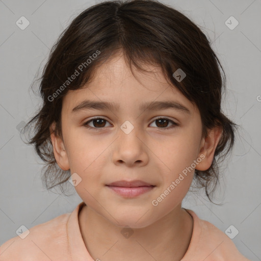 Joyful white child female with medium  brown hair and brown eyes