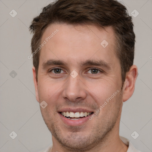 Joyful white young-adult male with short  brown hair and brown eyes