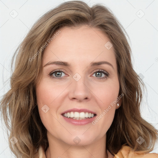 Joyful white young-adult female with medium  brown hair and green eyes