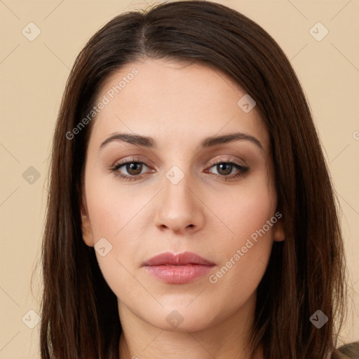 Neutral white young-adult female with long  brown hair and brown eyes