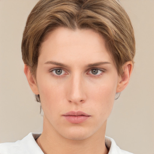 Neutral white young-adult female with short  brown hair and brown eyes