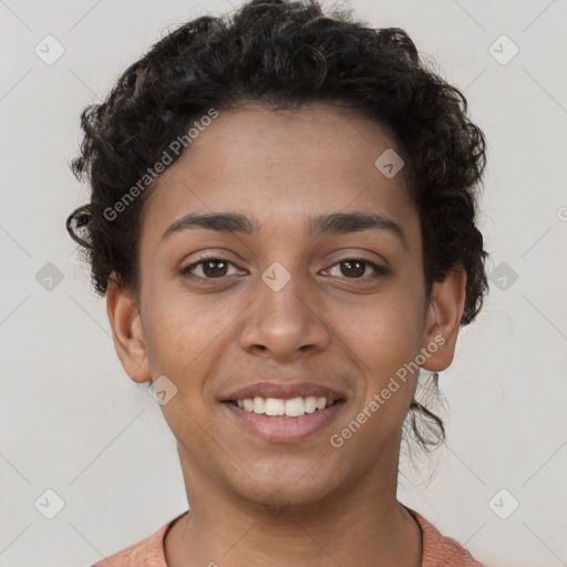 Joyful latino young-adult female with short  brown hair and brown eyes