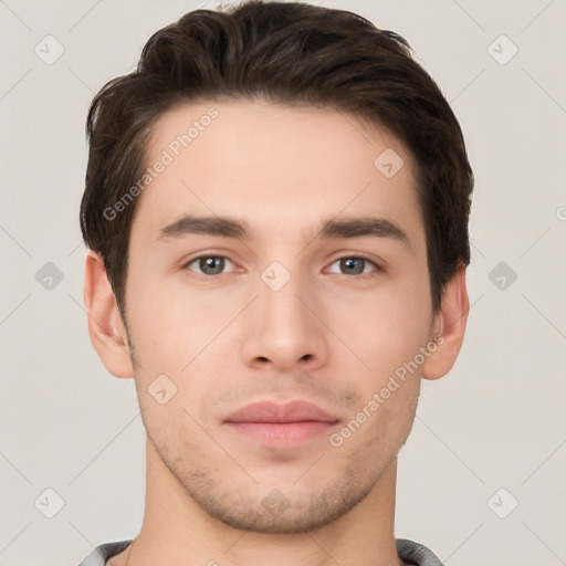 Neutral white young-adult male with short  brown hair and brown eyes