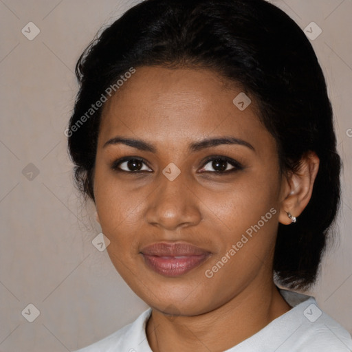 Joyful black young-adult female with medium  black hair and brown eyes