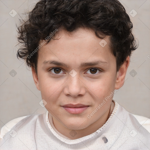 Joyful white child male with short  brown hair and brown eyes