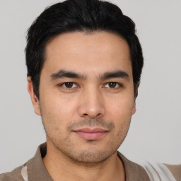 Neutral asian young-adult male with short  black hair and brown eyes